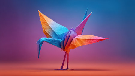 A vibrant origami bird is depicted, composed of folded paper in shades of blue, orange, and pink. The piece exhibits sharp angles and a detailed construction, set against a smooth, gradient background. This artistic representation could be suitable for various design projects and visual content needs.の素材