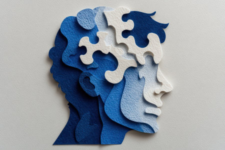 A layered paper cutout depicts a human head silhouette with puzzle pieces integrated into the design. Shades of blue and white create depth and contrast, with textured surfaces enhancing the visual appeal. The image, set against a neutral background, could be suitable for projects related to psychology or problem solving.の素材