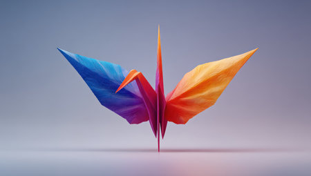 A vibrant origami crane crafted from paper stands out against a soft gradient background. The artwork features an array of colors and precise folds that highlight the three-dimensional form. This visual may be suitable for artistic projects, design elements, and promotional material. Its clean and modern style lends itself well to various commercial applications.の素材