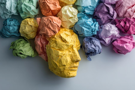 An artistic composition features a head-shaped sculpture crafted from yellow crumpled paper, surrounded by other colorful paper balls. The diverse textures and shades create visual interest. The overhead lighting and neutral backdrop provide a clean context. It is suitable for design projects or creative editorial purposes.の素材