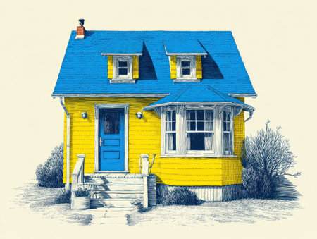 A vibrant illustration showcases a house with a striking blue roof and yellow walls. The artwork features windows, a door, and a small porch against a simple background. The image, with its use of contrasting colors and clean lines, could be used for various design projects or visual content.の素材
