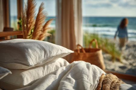 An inviting bed features white pillows and linen bedding, with a blurred beach and ocean visible through the window. The composition highlights natural textures and soft lighting. This image could be used for lifestyle, travel, or home decor projects, suggesting relaxation and tranquility.の素材