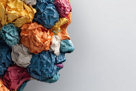 A side profile of a human face is formed from colorful, textured crumpled paper. The artwork features an array of blues, oranges, reds, and yellows against a blank white backdrop. The style suggests artistic expression, suitable for conceptual, educational, or advertising purposes.の素材