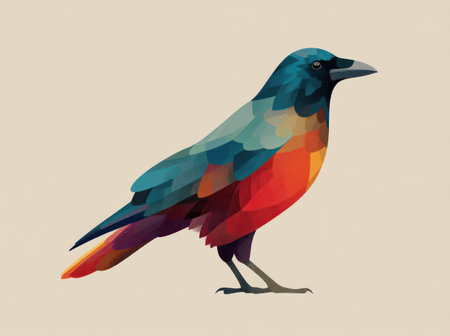 A vibrant illustration showcases a bird with a diverse palette of colors. The artwork features a side profile view, highlighting the form and details. Its textures and composition are suitable for various design applications. This image is suitable for commercial and editorial purposes.の素材