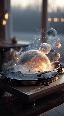 A vinyl record player serves as the base for a conceptual image featuring planets and stars. The scene has a soft lighting with a warm glow around the planetary bodies. The image suggests elements of creativity, music, and the cosmos, suitable for imaginative projects. It could be used for various commercial or editorial concepts.の素材