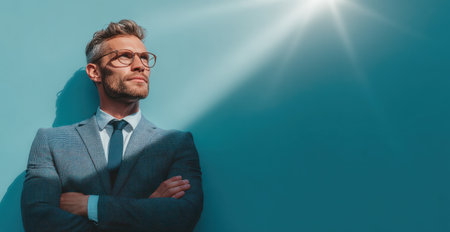 A man in a suit stands with arms crossed against a teal wall, gazing upwards. Overhead sunlight illuminates his face and the background. The image has a professional feel with a focus on an individual. Suitable for business, finance, or motivational content.の素材