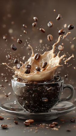 An artistic image presents coffee beans splashing from a cup with a creamy swirl. The composition uses brown tones, with light creating highlights. The visual style suggests a commercial appeal, suitable for various promotional or editorial applications related to beverages and food.の素材