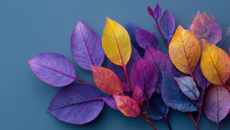 This image features a collection of vibrant leaves in shades of purple, yellow, and orange. The leaves are arranged on a contrasting textured background, creating a visually appealing composition. The lighting appears soft, highlighting the colors and textures. It is suitable for various commercial uses, including design and advertising.の素材