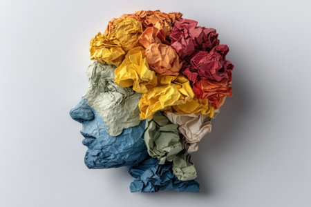 A side profile of a human head constructed from paper is displayed against a plain white backdrop. The head is sculpted in shades of blue and the brain is represented by a cluster of colorful, crumpled paper. The composition uses overhead lighting and highlights the textures. Suitable for illustrating ideas related to creativity and conceptual design.の素材