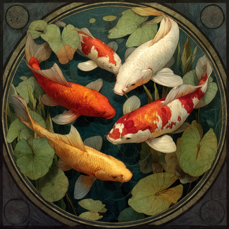 Four koi fish in shades of red, orange, and white swim in a pond with lily pads. This artistic image showcases the fish from an overhead perspective, with detailed textures and vibrant colors. The style has a classic, almost hand-painted feel, suggesting a tranquil and decorative environment. Suitable for editorial and commercial applications.の素材