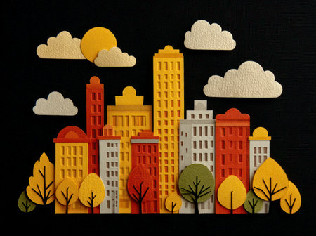 This image presents a vibrant, stylized cityscape crafted from cut paper. Buildings in various colors stand under fluffy clouds and a yellow sun against a deep black backdrop. The artwork features a flat, graphic style with textures suggesting paper materials, ideal for editorial or commercial projects needing a playful aesthetic.の素材