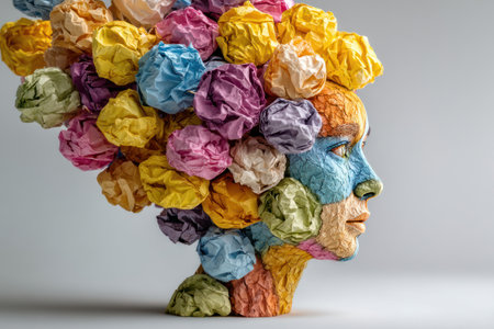 A side profile of a head sculpture constructed from colorful crumpled paper is displayed against a plain background. The artwork features vibrant hues and various textures with visible seams, possibly representing a concept of creative thinking. This image could be suitable for educational, artistic, or conceptual purposes.の素材
