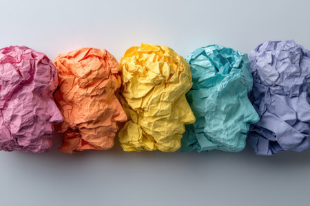 Five paper heads, each a different vivid color, are arranged in a row against a plain background. The crumpled paper texture suggests a conceptual representation of thoughts. The lighting is diffused, and the composition is a top-down shot. Ideal for illustrating concepts related to brainstorming or communication.の素材