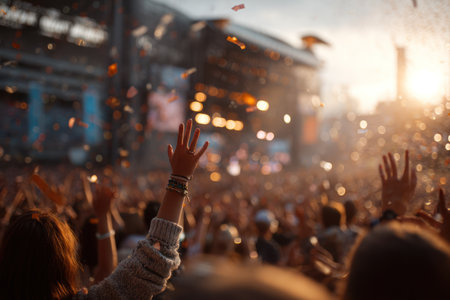 An enthusiastic crowd raises their hands, illuminated by stage lights and confetti. The composition features a shallow depth of field, with soft focus on the background. Warm tones dominate, suggesting a vibrant event atmosphere. Suitable for use in promotional materials, or editorial content related to music events and entertainment.の素材