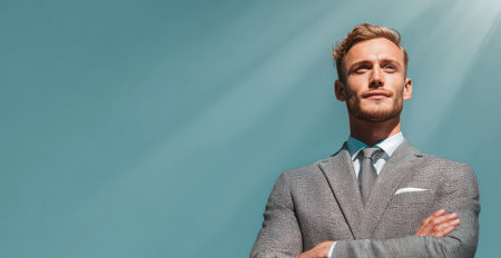 A man in a business suit stands against a plain blue backdrop, gazing upward. The image showcases a light source from above, highlighting the subject. It features a modern style, with the subject as the focal point. This image could be used for various commercial projects related to success, business, or aspiration.の素材