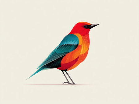 A vibrant bird illustration showcases bold colors and stylized forms against a soft, neutral backdrop. The artwork presents a side profile of the avian creature with a simplified, graphic style. This design features a blend of bright hues and clean lines suitable for various applications, including print or digital media. This image could be used for decorative projects.の素材