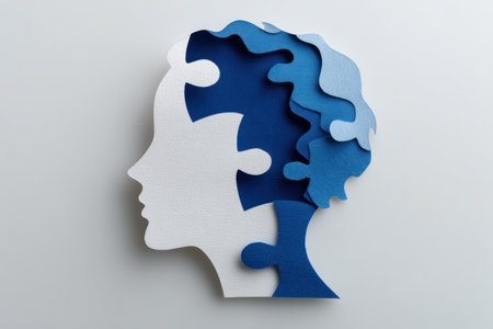 This image features a profile silhouette of a head with jigsaw puzzle pieces filling the brain area. The design incorporates shades of blue and white, with a clean, paper-cut style against a neutral background. This composition could be used to represent concepts like mental health, problem-solving, or innovative thinking. It is suitable for commercial and editorial applications.の素材