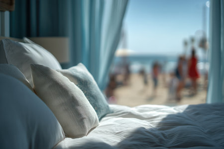 A close-up view presents a bed with fluffy pillows and a blurred sea landscape visible through an open window. The scene is illuminated by natural sunlight, casting gentle shadows. It may be suitable for illustrating themes related to rest, vacation, or the hotel industry.の素材