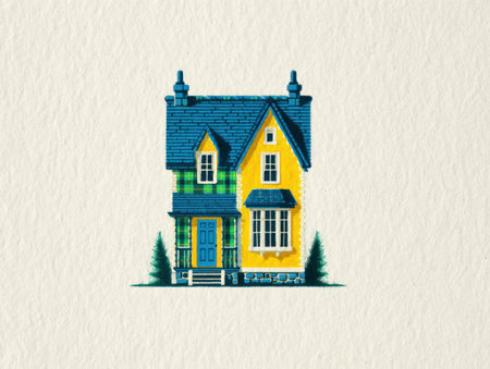 An illustrated house features a blue roof, yellow walls, and green accents. The composition is centered, presenting a straightforward view against a white backdrop. The style leans towards a modern, graphic aesthetic with clean lines and flat colors. Suitable for various design applications, including architectural, real estate, and illustrative projects.の素材