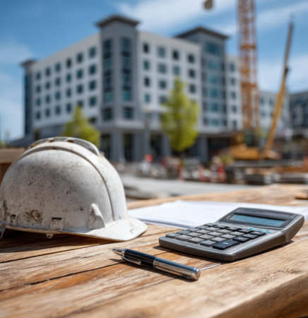 A close-up view depicts a construction site with a hard hat, calculator, and documents on a wooden surface. The composition features a shallow depth of field, with a focus on the foreground elements. The background reveals a building under construction and a crane, suggesting an active environment. Ideal for commercial and editorial purposes.の素材