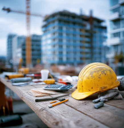 A wooden table displays various construction tools including a yellow helmet and gloves. The scene presents a shallow depth of field, blurring the buildings and crane in the background. The natural lighting and composition suggest outdoor activity, suitable for illustrating industrial or construction-related themes. It has potential uses for editorial or commercial purposes.の素材