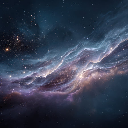 An illustration depicts a vibrant cosmic nebula swirling across a dark background. The scene showcases soft textures and gradients of blue, purple, and orange hues. This artwork evokes a sense of vastness and mystery, ideal for projects related to science, education, or artistic endeavors. The composition suggests potential use in various commercial contexts.の素材