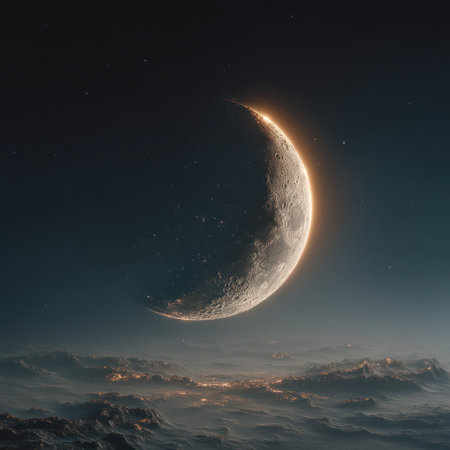 A radiant crescent moon dominates the scene, set against a dark, expansive sky with subtle stars. Wispy clouds obscure the horizon, suggesting an atmospheric depth and an indistinct landscape. The overall composition creates a sense of serenity. This image could be used for various editorial or commercial applications.の素材