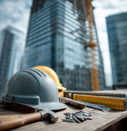 A close-up view depicts construction tools and safety helmets resting on a wooden surface, with modern skyscrapers in the background. The scene includes a hammer, measuring tools, and fasteners. The image features a shallow depth of field, with soft focus on the backdrop. It could be used for illustrating articles about building projects or industry.の素材