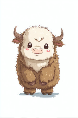 This illustration features a cartoon yak with a fluffy, brown coat and large horns. The yak stands on a soft, green surface against a white backdrop. The style is soft and whimsical, with gentle colors and delicate lines. Suitable for children's books or educational materials.の素材