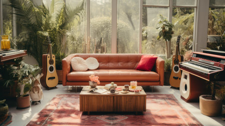 This image showcases a well-lit living room scene featuring a sofa, guitars, and various potted plants. The warm color palette and soft lighting create a welcoming atmosphere. The composition includes a coffee table and rug suggesting an indoor setting. Suitable for use in lifestyle or interior design projects.の素材