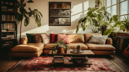 A living room features a large sofa and decorative plants. The space is bathed in sunlight. The room showcases a rug, coffee table, and bookcase. This image is suitable for illustrating home decor, lifestyle, or interior design concepts. It could be used in advertising or editorial content.の素材