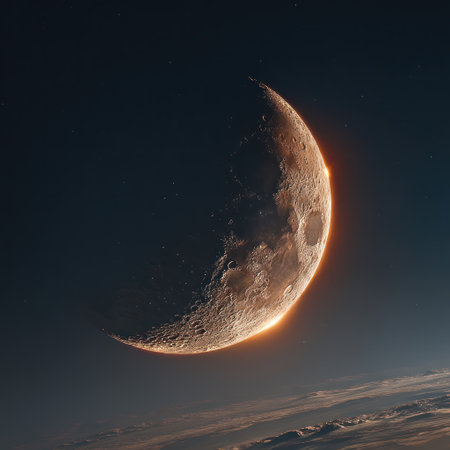 A detailed image of a crescent moon is presented against a dark space backdrop. The moon displays a textured surface with illuminated edges. The composition suggests an outer space setting, and the image could be suitable for various commercial or editorial applications.の素材