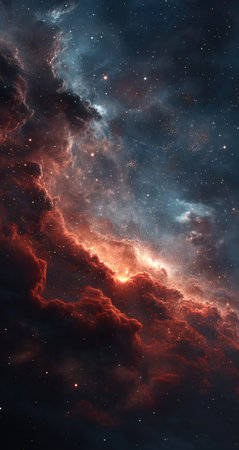 This image showcases a vibrant nebula composed of swirling clouds and celestial elements. Rich hues of red and blue create a dynamic contrast. The composition suggests a vast, open space, potentially useful for projects related to astronomy, science, or abstract concepts. It provides a visual backdrop for various commercial and artistic applications.の素材