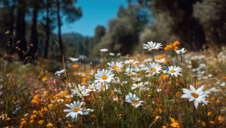 The image captures a close-up view of daisies in full bloom, highlighted against a blurred background of trees and a bright sky. The scene showcases natural light and a variety of colors, featuring white petals and yellow centers of the flowers. It could be used for various projects related to nature, floral design, or general visual content.の素材