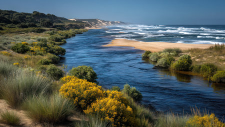 A river meets the ocean in this scenic landscape, with clear blue waters reflecting the sky. Lush green and yellow vegetation lines the riverbanks and sand dunes, with foamy waves breaking on the sandy beach. Suitable for various commercial and editorial applications.の素材