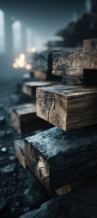 The image features stacked wooden blocks with rough, textured surfaces. The blocks display shades of brown and gray. The composition is lit with soft lighting, creating a shadowed appearance. Suitable for design projects, or backgrounds. The scene suggests a construction site, possibly outdoors.の素材