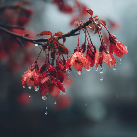 This image features delicate red flowers with water droplets suspended, showcasing a macro view. The composition highlights the textures of the petals and the transparency of the drops, set against a soft, blurred background. Ideal for editorial content and various design projects, this photograph captures a moment of natural beauty.の素材