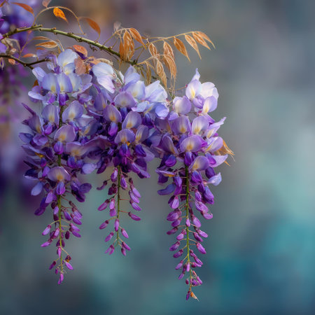 The image features wisteria flowers in full bloom, showcasing shades of purple and white. The composition highlights the cascading floral arrangement on a branch, with blurred background providing depth. This photograph could be used for various purposes, including editorial content and decorative design.の素材