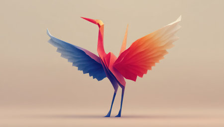 An origami bird is depicted with spread wings and a gradient color scheme. The paper sculpture presents geometric shapes with red, blue, and white hues. The artwork is set against a soft, neutral backdrop, employing soft lighting. This image is suitable for various design projects and commercial applications.の素材