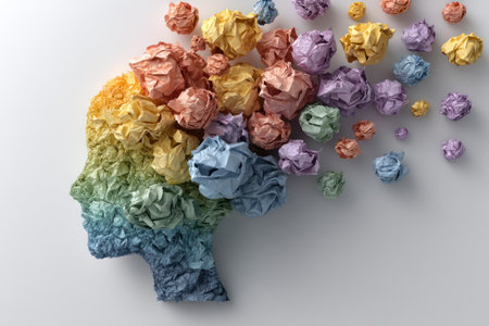 An artistic representation features a human head silhouette filled with colorful crumpled paper. The composition showcases a gradient of colors within the head and scattered around. Soft lighting enhances the texture. The image could be utilized for educational materials or creative projects related to concepts of ideas.の素材