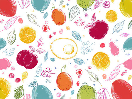 This image features a collection of colorful, hand-drawn fruit and food elements arranged on a white backdrop. The composition is bright and cheerful, utilizing various colors and a sketched style. The artwork's clean aesthetic lends itself well to various applications, including print and digital projects.の素材