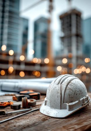 A close-up view presents a hard hat, tools, and blueprints on a wooden surface, with a blurry construction site background. The image features a shallow depth of field, emphasizing the foreground. Soft lighting and neutral tones suggest an outdoor setting. The scene could be used for various commercial and editorial applications.の素材