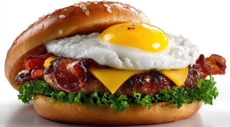A close-up captures a hearty burger featuring a fried egg, bacon, and cheese. The food item is set against a plain white backdrop. The colors are vivid, the textures varied and appetizing, with attention to detail in the composition. Suitable for use in culinary advertising or editorial content.の素材