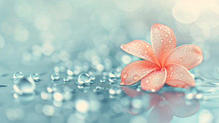 A close-up captures a peach-colored flower adorned with water droplets, set against a soft, blurred background. The image showcases the flower's delicate petals and the transparency of the water, creating a tranquil aesthetic. Suitable for various uses, this image could enhance marketing campaigns or editorial projects.の素材