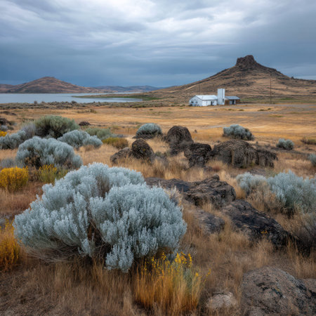 A scenic landscape showcases a low-lying building situated near a mountain range. The composition reveals a wide shot of a valley, with dry grasslands and rocky textures in the foreground. Overcast skies add a moody atmosphere. Suitable for a variety of uses.の素材