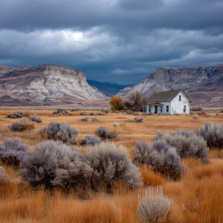 An aged house sits amidst a vast, arid landscape, flanked by distant mountains under a dramatic, overcast sky. The composition emphasizes the contrast between the building and the natural environment. The scene utilizes a muted color palette, primarily featuring brown, grey, and hints of green, suggesting a serene yet potentially isolated setting suitable for various editorial and commercial applications.の素材