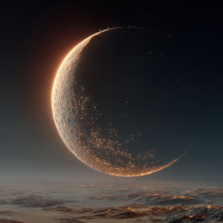 An artistic depiction presents a crescent moon prominently positioned above an abstract representation of a planet's surface. The image features a warm, glowing rim on the moon, contrasting against the dark backdrop. The composition is a blend of textures, possibly suitable for science, exploration, or conceptual projects.の素材