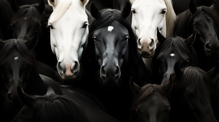 This image features three horses with striking white and black coats, contrasted against a deep, dark background. The composition highlights the animals' faces, creating a powerful visual impact. The photograph showcases high contrast and detailed textures. Suitable for various creative projects and commercial applications.の素材