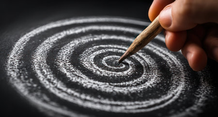A hand holds a pencil, drawing a spiral on a dark surface. The image shows a close-up of the process with emphasis on texture and detail. The composition uses shallow depth of field, highlighting the artwork. Suitable for concepts like creativity and design.の素材