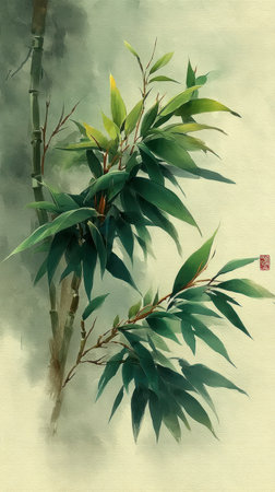 An artistic depiction showcases a bamboo stalk and branches adorned with vibrant green leaves. The artwork uses watercolor-like brushstrokes. The composition is set against a textured, light-colored background. Suitable for decorative art projects and use in design contexts.の素材